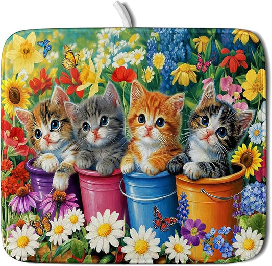 Funny Absorbent Dish Drying Mat Spring Cat Dish Drying Mats for Kitchen Counter Small by Giwawa