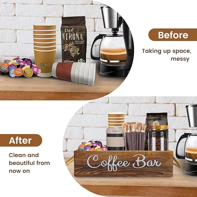QUALLON Coffee Station Organizer with Small Removable Dividers, Wooden Coffee Bar Accessories Storage For Countertop, Farmhouse Kcup Coffee Pod Holder Basket With Handle For Coffee Lover - Image 3