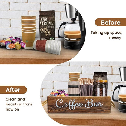 QUALLON Coffee Station Organizer with Small Removable Dividers, Wooden Coffee Bar Accessories Storage For Countertop, Farmhouse Kcup Coffee Pod Holder Basket With Handle For Coffee Lover - Image 3