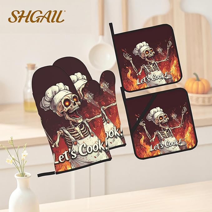 Funny Skull Oven Mitts with Matching Potholders - Heat Resistant Kitchen Accessories for Baking, Grilling, Cooking, Gifts for Women
