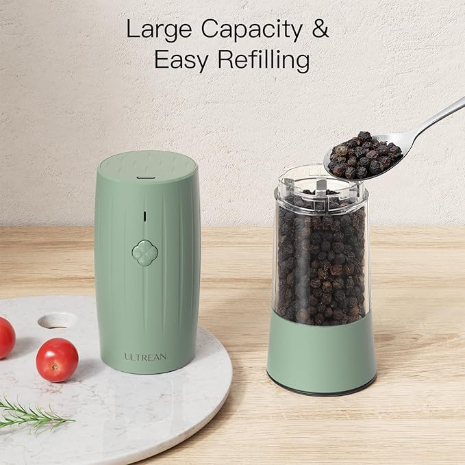 Ultrean Pepper Grinder, Electric Salt and Pepper Grinder Set with USB-C Rechargeable, Spice Mill, 6 Adjustable Coarseness, LED Light, Larger Capacity, Gift for Women Mom, Green