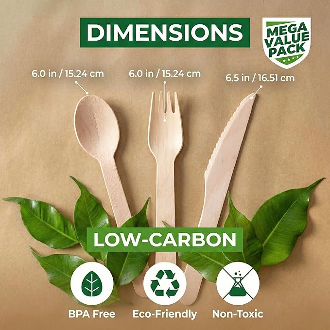 700 PCS Wooden Cutlery Set - 100% Compostable Silverware (300 Forks, 200 Spoons, 200 Knives) - Eco-Friendly Wooden Utensil Set & Disposable Party Utensils, Alternative to Bamboo Cutlery - Image 8