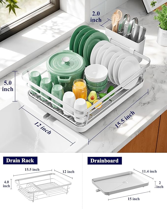 Kitsure Dish Drying Rack for Kitchen Counter, Stainless Steel Sink Organization and Storage Essentials with Cutlery Holder, Home and Appartment Decor, 12''W x 15.5''L, Silver Grey - Image 2