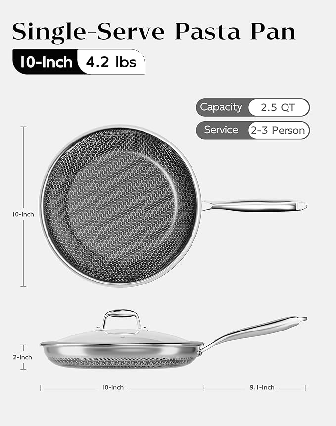 Nonstick Frying Pan with Lid 10-Inch, Durable Stainless Steel Skillet, Induction Cooktop Compatible, PFOA-Free Scratch-Proof, Dishwasher & Oven Safe, Stay-Cool Handle, Silver Kitchen Cookware - Image 2