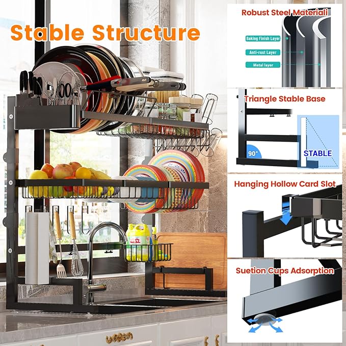 ADBIU Over Sink Dish Drying Rack (Expandable Height/Length) Snap-On Design Large Dish Drainer Storage Counter Organizer 32-40L x 12W x 34-38H (inches) - Image 5