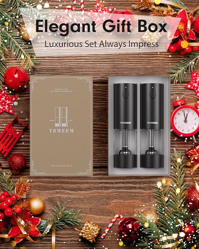 TOMEEM Upgraded Larger Capacity Electric Salt and Pepper Grinder Set Rechargeable with LED lights, Stainless Steel Automatic Pepper and Salt Grinder Refillable with 5 Adjustable Coarseness Black - Image 9