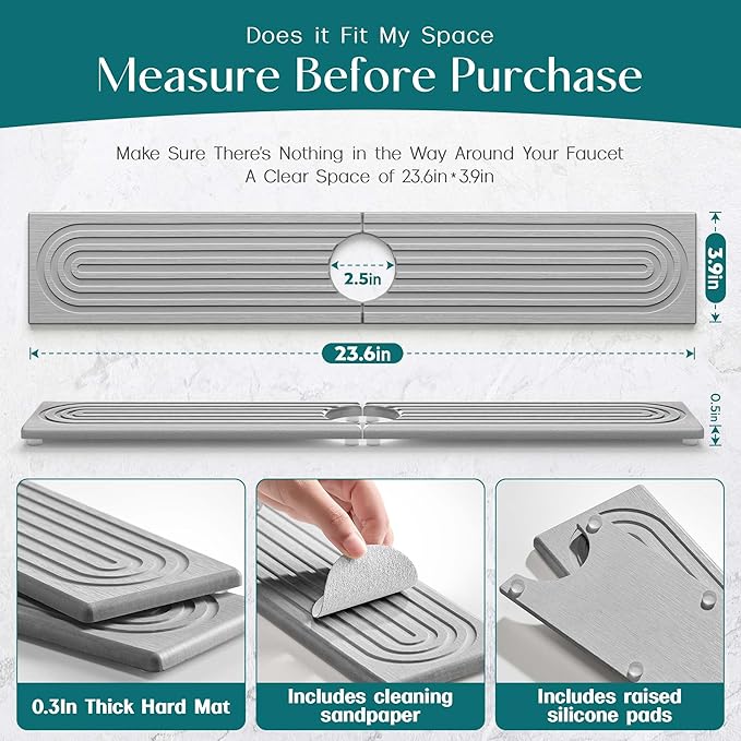 eormoe Kitchen Faucet Absorbent Mat - Diatomaceous Earth Splash Guard for Sink Faucet, Aesthetic Water Absorbing Stone Tray in The Modern Home [Grey, 23.6" x 3.9"] - Image 2