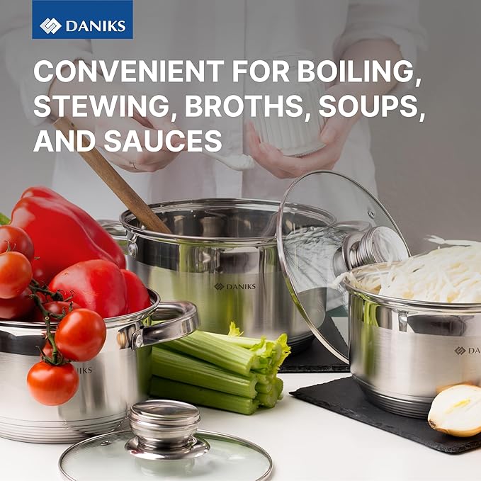 Daniks Standard 3 Quart Stainless Steel Stock Pot with Glass Lid, Tri-Ply Bottom for Even Heating, Induction Compatible, Dishwasher Safe, Built-In Measuring Scale, Silver