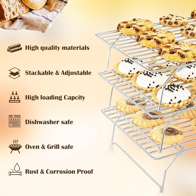 3 Tier Stackable Cooling Rack for Batch Cooling Cookie, Pizza, Cake-15.8”x 10”- Heavy Duty Cooling Racks for Cooking and Baking, Oven and Dishwasher Safe Baking Supplies-Silver - Image 2