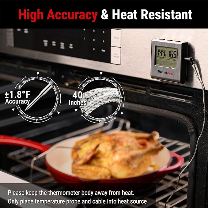 TempPro TP16 Large LCD Digital Cooking Food Meat Thermometer for Smoker Oven Kitchen BBQ Grill Thermometer Clock Timer with Stainless Steel Temperature Probe(Previously ThermoPro) - Image 2