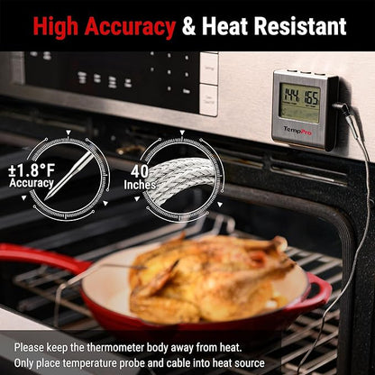 TempPro TP16 Large LCD Digital Cooking Food Meat Thermometer for Smoker Oven Kitchen BBQ Grill Thermometer Clock Timer with Stainless Steel Temperature Probe(Previously ThermoPro) - Image 2