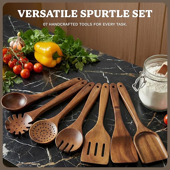 7Pcs Wooden Kitchen Utensil Set, Premium Natural Acacia Wood Cooking Utensils for Nonstick Cookware, Spoon Spatula Turner Ladle Skimmer Pasta Server, BPA Free