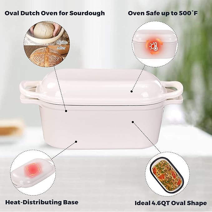 4.6 Quart Dutch Oven for Sourdough Bread Baking, Combo Oval Enameled Cast Iron Bread Pan with Lid, Bread Dutch Oven for a Crispy Crust, White - Image 5