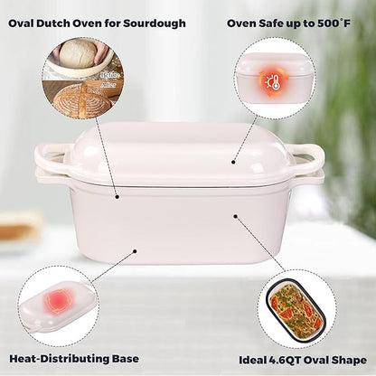 4.6 Quart Dutch Oven for Sourdough Bread Baking, Combo Oval Enameled Cast Iron Bread Pan with Lid, Bread Dutch Oven for a Crispy Crust, White - Image 5