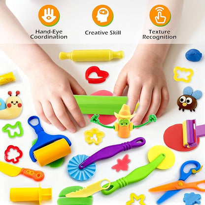 Dough Tools Play Set for Kids,30 pcs Basic Dough Play Toys with Animal Cutters, Roller, Rolling Pins, Safety Scissors, Plastic Knife,Character Accessories