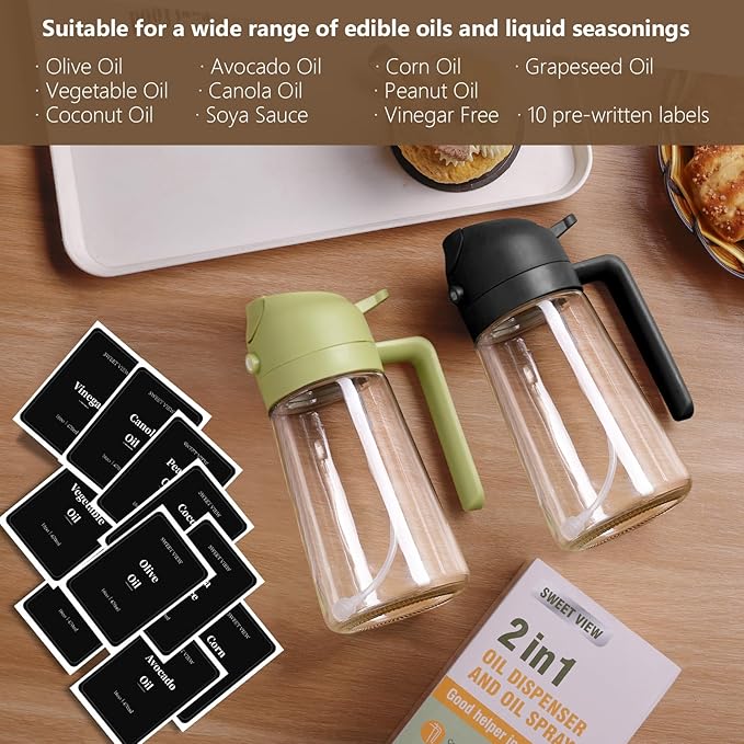 SWEET VIEW 16oz/470ml Oil Dispenser and Oil Sprayer, Glass Olive Oil Pourer for Kitchen, Air Fryer, Cooking, Salad, BBQ(Green) - Image 7