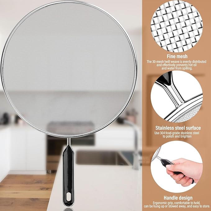 Splatter Screen for Frying Pan 13" 11.5" 9.8" Stainless Steel Fine Mesh Grease Splatter Guard with Comfort Silicone Handles and Resting Feet for Prevent Oil Splatter Safe Cooking - Image 4