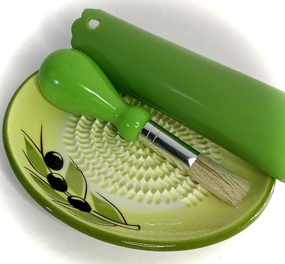 BonCera, All-in-one Premium Ceramic Garlic Grater Plate 4-Piece Set - Yellow Olive Design, Classic Style - For Garlic, Ginger, Chocolate, and more! - Comes with 5.25" Plate, Peeler, Brush, and Stand
