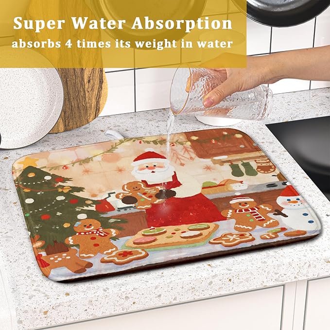 Christmas Dish Drying Mat for Kitchen Counter 16x18 Santa Claus Gingerbread Winter Xmas Holiday Themed Absorbent Reversible Microfiber Drying Mats Kitchen Countertop Protector Dishes Drainer Rack Pad - Image 7