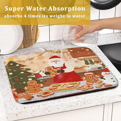 Christmas Dish Drying Mat for Kitchen Counter 16x18 Santa Claus Gingerbread Winter Xmas Holiday Themed Absorbent Reversible Microfiber Drying Mats Kitchen Countertop Protector Dishes Drainer Rack Pad - Image 7
