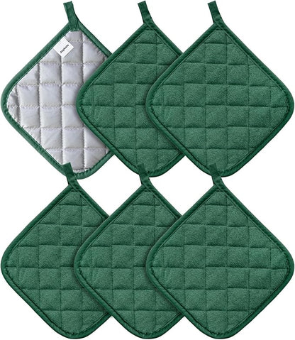 Joyhalo 6 Pack Pot Holders for Kitchen,Cotton Oven Holder with Great Heat Resistance,Non Slip Hot Pads for Kitchen Clearance,Dark Green by Joyhalo