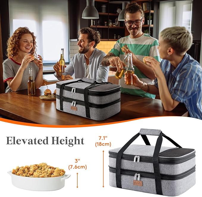Lifewit Insulated Double Decker Casserole Carrier, Expandable Lasagna Lugger Tote Bag for Hot or Cold Food, Fits 9" x 13" Baking Dish for Potluck Parties, Picnic and Cookouts, Grey