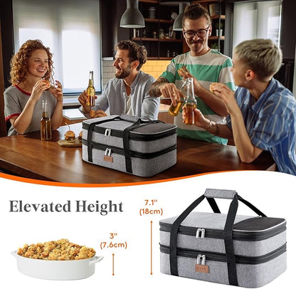 Lifewit Insulated Double Decker Casserole Carrier, Expandable Lasagna Lugger Tote Bag for Hot or Cold Food, Fits 9" x 13" Baking Dish for Potluck Parties, Picnic and Cookouts, Grey