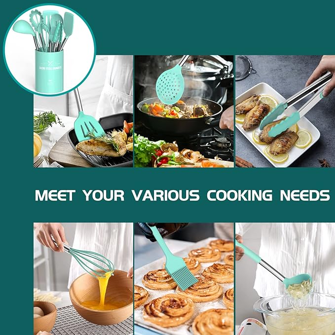 Silicone Cooking Utensil Set, Umite Chef 15pcs Silicone Cooking Kitchen Utensils Set, Non-stick - Best Kitchen Cookware with Stainless Steel Handle - Green - Image 4