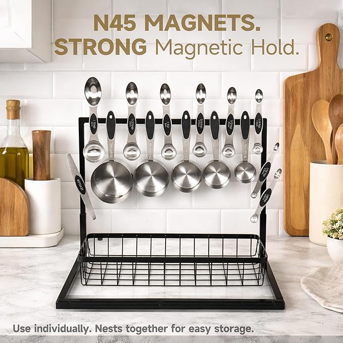 Magnetic Measuring Cups and Spoons Set, Strong N45 Magnets, 304 Stainless Steel, Double-Sided Measuring Spoons, 14-Piece Set with Leveler for Baking & Cooking - Image 2