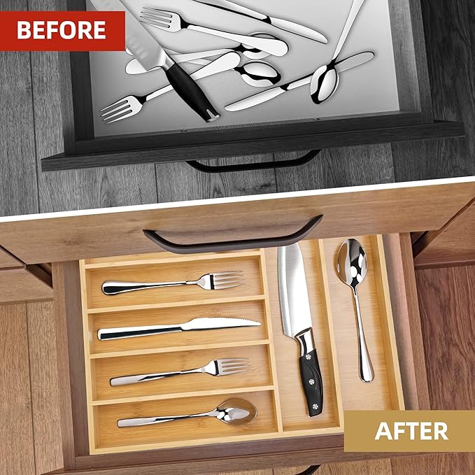 Besilord Silverware Organizer Kitchen Drawer Organizer Utensil Organizer Bamboo Silverware Holder Cutlery Organizer in Drawer Flatware Organizer Tray(7 slots, Natural - Image 7