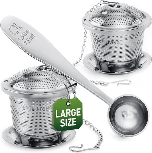 Tea Infuser Set of 2 with Tea Scoop & Drip Trays - 304 Stainless Steel Ultra Fine Mesh Loose Leaf Tea Strainer, Reusable Tea Steeper Basket for Rooibos, Green, Black, Herbal & Oolong Tea, etc