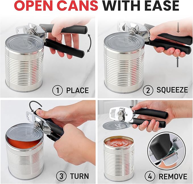 Zulay Kitchen Heavy Duty Stainless Steel Manual Can Opener – Ergonomic Soft Grip Handles, Smooth Edge Cutting Wheel & Large Built In Bottle Opener – Easy Turn Knob for Effortless Use - Black - Image 6