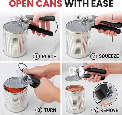 Zulay Kitchen Heavy Duty Stainless Steel Manual Can Opener – Ergonomic Soft Grip Handles, Smooth Edge Cutting Wheel & Large Built In Bottle Opener – Easy Turn Knob for Effortless Use - Black - Image 6
