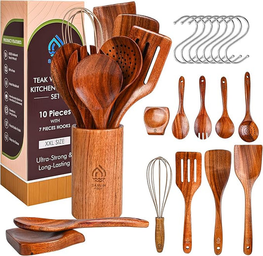Teak Wooden Utensil Set 10 Piece, Kitchen Cooking Utensils with Holder and Hanging Hooks, Wooden Spoons and Spatulas for Cooking, Sturdy and Lightweight, Heat-Resistant Non-Stick Cookware