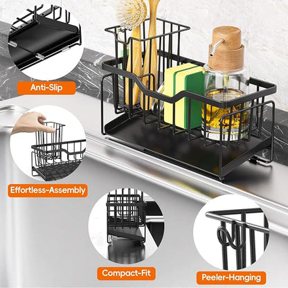 StorageRight Kitchen Sink Caddy Organizer, Rustproof Sponge Holder for Kitchen Sink, Instant Dry High Brush Holders with Drain Tray, Anti-Slip Storage Organization Essentials, Black - Image 2