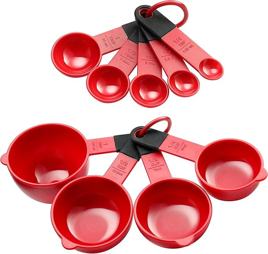 Spring Chef Red Magnetic Measuring Cups and Spoons Set of 9, Stackable Plastic Kitchen Gadget with Easy to Read Markings - Measure Dry or Liquid Ingredients for Baking & Cooking, BPA Free
