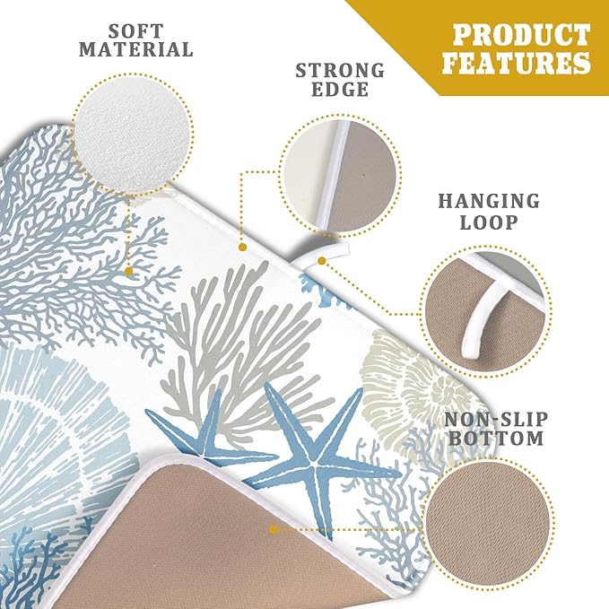 Nautical Dish Drying Mat for Kitchen Counter Coastal Seashell Starfish Summer Microfiber Absorbent Dish Draining Reusable Washable Foldable 16"x18" - Image 4