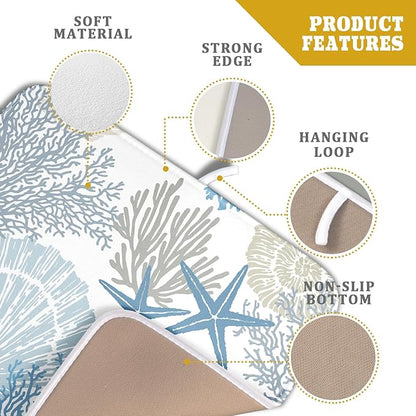 Nautical Dish Drying Mat for Kitchen Counter Coastal Seashell Starfish Summer Microfiber Absorbent Dish Draining Reusable Washable Foldable 16"x18" - Image 4