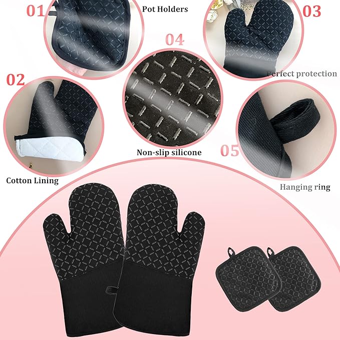 4 Pcs Oven Mitts and Pot Holders,Oven Glove High Heat Resistant 500 Degree,Long Oven Mitts with Recycled Cotton Infill and Silicone Non-Slip Surface for Baking,Kitchen,Cooking(Black) - Image 3