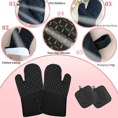 4 Pcs Oven Mitts and Pot Holders,Oven Glove High Heat Resistant 500 Degree,Long Oven Mitts with Recycled Cotton Infill and Silicone Non-Slip Surface for Baking,Kitchen,Cooking(Black) - Image 3