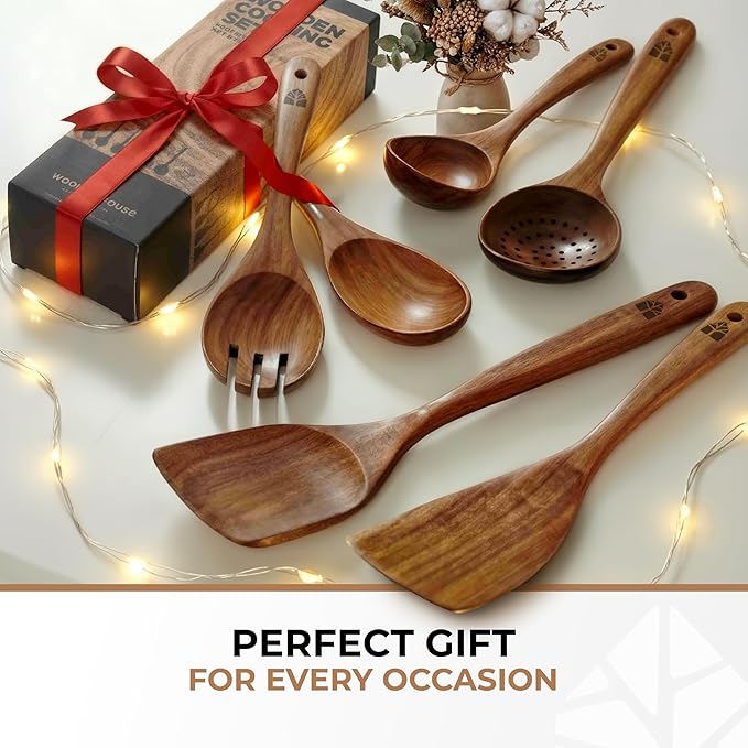 Wooden Spoons for Cooking – 6 Pcs Premium Teak Wooden Utensil Set with Hooks - Durable, Nonstick Safe, Easy to Clean & Heat Resistant with Ergonomic Handles - Image 9