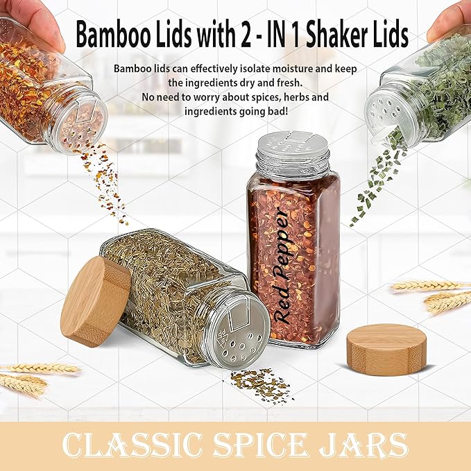 Glass Spice Jars with Bamboo Airtight Lids - (6 Pack) - 4 oz Square Spice Bottles with Shaker Lids - Clear Empty Shaker Seasoning Jars with Preprinted Spice Jars Labels and Collapsible Funnel Included - Image 5