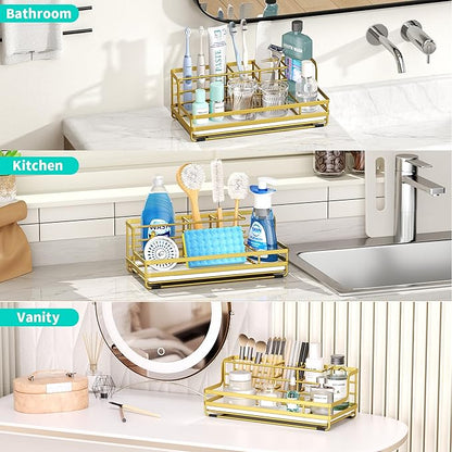 HapiRm Toothbrush Holders for Bathroom - 5 Partitions Bathroom Counter Organizer with Instant Drying Stone, Stainless Steel Countertop Storage Electric Toothbrush Toothpaste Holder - Gold