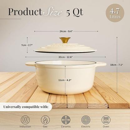 Cast Iron Pot with Lid – Non-Stick Ovenproof Enamelled Casserole Pot, Oven Safe up to 500° F – Sturdy Dutch Oven Cookware – Cream, 5-Quart, 24cm – by Nuovva - Image 2