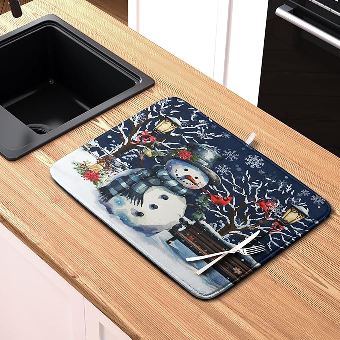 Winter Snowman Dish Drying Mat for Kitchen Counter 18x24, Xmas Snowflakes Dish Drainer Mat Snowy Night Drying Kitchen Mats Cardinal Birld Dish Pad Absorbent Reversible Coffee Mats for Dishes - Image 6