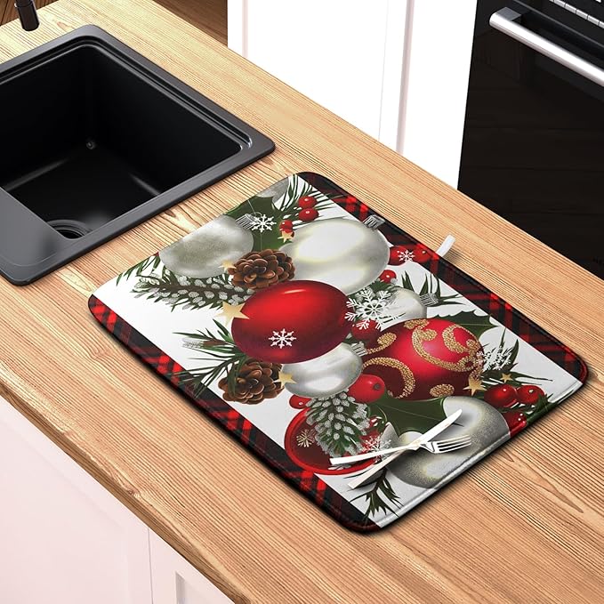 Red Buffalo Plaid Christmas Kitchen Drying Mats for Dishes Xmas Ball Snowflake Pine Cones Dish Drainer Rack Mat Winter Microfibe Absorbent Dish Drying Pad for Home Kitchen Counter Decor 18x24in - Image 6