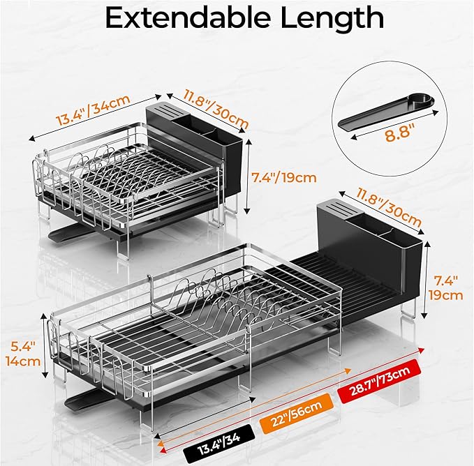 Delamu Stainless Steel Dish Drying Rack, Expandable Dish Drainer, Anti-Rust Large Dish Racks for Kitchen Counter, Dish Strainers with Drainboard, Utensil & Cup Holder, 13.4"-28.7" L x 11.8" W, Silver - Image 7