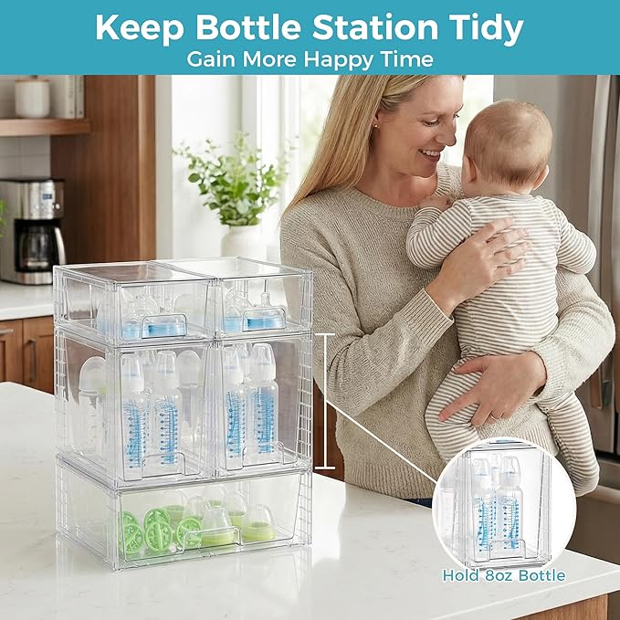 Vtopmart 6 Pack Clear Stackable Storage Drawers,Easy to Assemble Baby Bottle with handles,Plastic Drawers for Kitchen Pantry,Cabinet,Under Sink Organization - Image 3