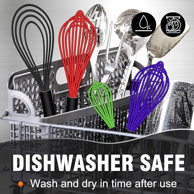 Walfos Whisk,Whisks for Cooking Non Scratch.Silicone Whisk Set of 4 Kitchen Wisk-11in Flat wisk and 7+9+11in Balloon Whisk.Nice for Mixing,Whisking and Stirring.Dishwasher Safe.(4pcs-Colorful) - Image 8