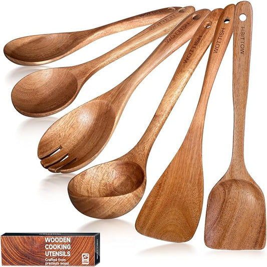 Wooden Spoons - Wooden Spoons for Cooking,Natural Wooden Kitchen Utensils Set Non Toxic,6-Piece Wooden Cooking Utensils(A06) by WOTTISH